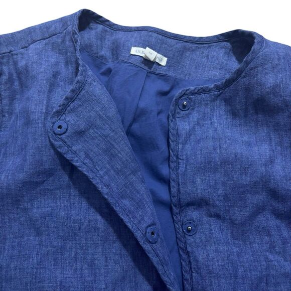 Eileen Fisher Jacket Sz Large Blue Organic Linen Delave Padded Snap Front - Picture 3 of 8